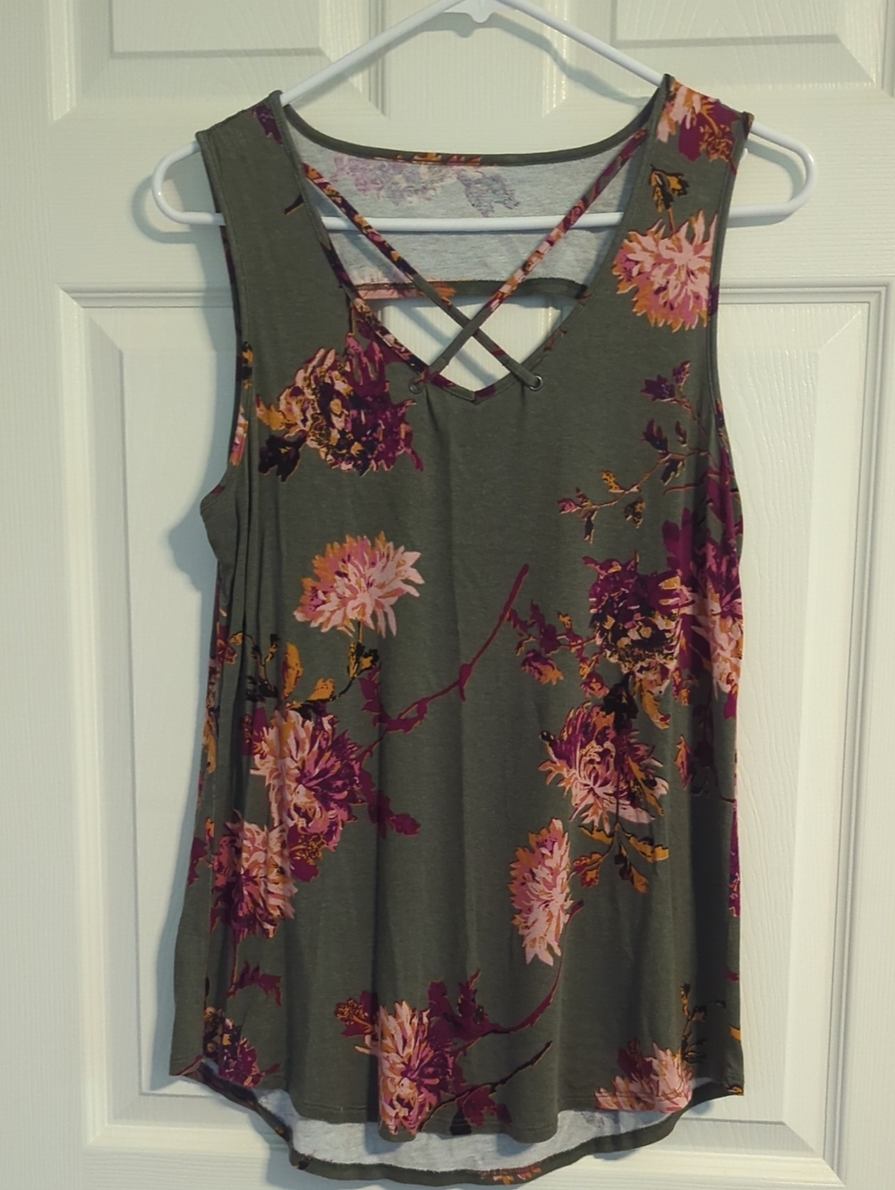 Maurices Olive Floral Crisscross Tank Top with Pink and Purple Blooms